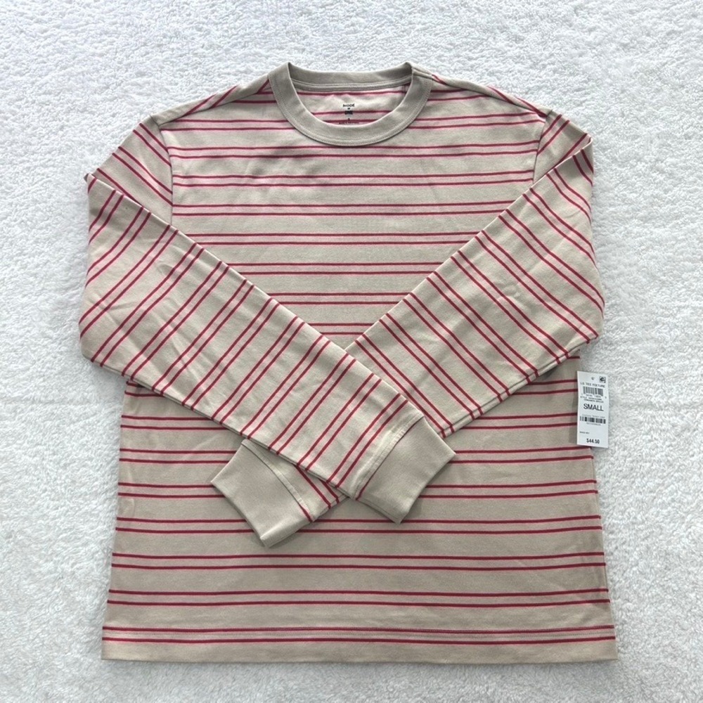 Mode‎ Of One Mens Striped Long Sleeve Tee Cinnamon Brulee Tan Red Small NWT - Picture 6 of 13